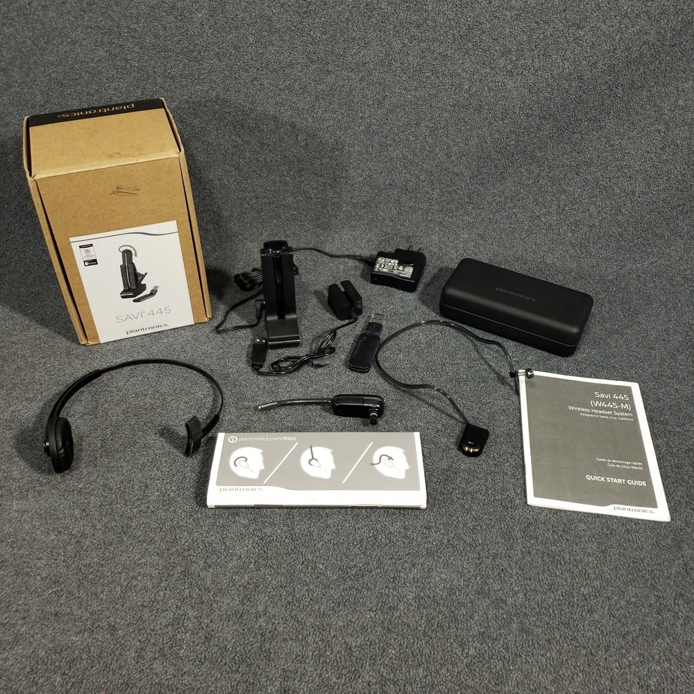 Plantronics Savi‎ W445 Wireless Headset w/ Base, Dongle, Case  Headband, Cables